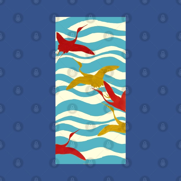 RED YELLOW FLYING CRANES ON WHITE BLUE OCEAN WAVES by BulganLumini