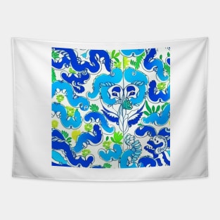 Preppy, abstract foliage in highlighter blue and green Tapestry