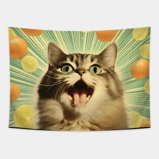 Vibrant Crazy Cat Collage Surrounded by Citrus Fruit - Unique Quirky Kitty Art Tapestry