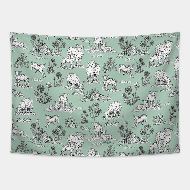 Sheep and Lambs on a Pasture Toile de Jouy (Pale Green) Tapestry by illucalliart