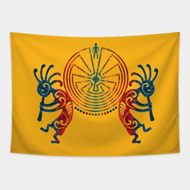 Kokopelli  & Man In The Maze Symbol colored Tapestry by EDDArt