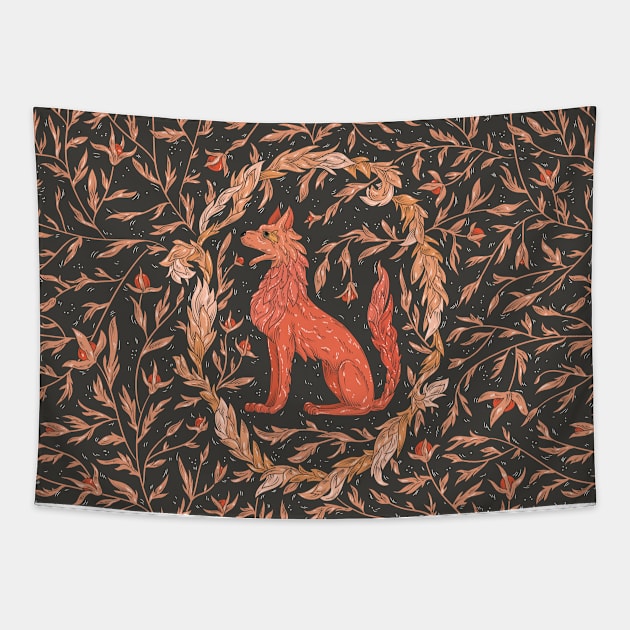 Red fire wolf in a floral wreath and leaves on black background Tapestry by PinataFoundry