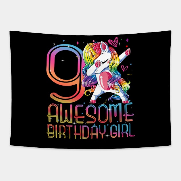 9th Birthday Girl 9 Years Old Awesome Unicorn Dabbing Bday Tapestry by The Design Catalyst