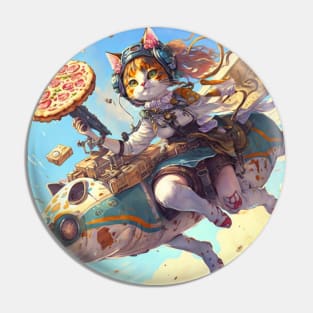 Funny Cute Cat Flying and Eating Pizza - Anime Style Art Birthday Gift ideas For Anime Lovers Pin