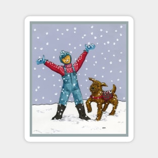 Boy and Dog in Snow Magnet