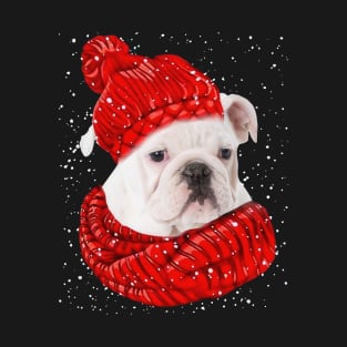 White English Bulldog Wearing Red Hat And Scarf Christmas T-Shirt