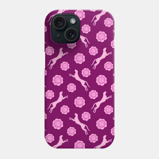 Beautiful wild jumping cheetahs, lovely pink blooming roses. Stylish classy elegant dark purple violet magenta retro vintage botanical animal nature pattern. Phone Case by IvyArtistic