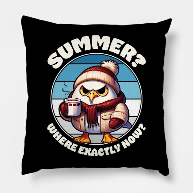 Grumpy seagull with hat and scarf – Summer? Where exactly now? Pillow by Infinitee Shirts