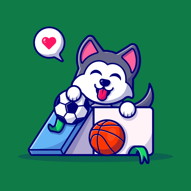 Cute Husky Dog In Box With Ball Cartoon Vector Icon Illustration by Catalyst Labs