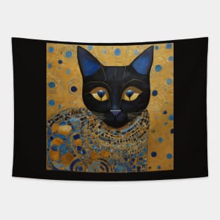 Klimt Black Cat in Elegant Blue and Gold Robe Tapestry