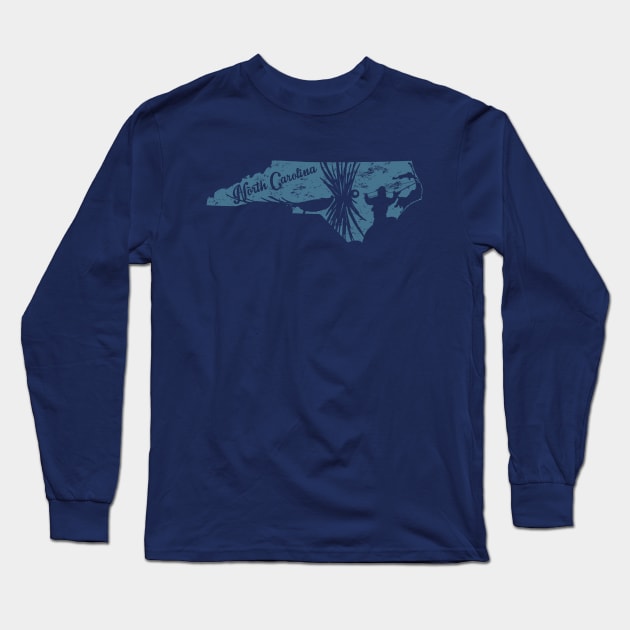 North Carolina Distressed Fly Fishing State Map Long Sleeve T-Shirt