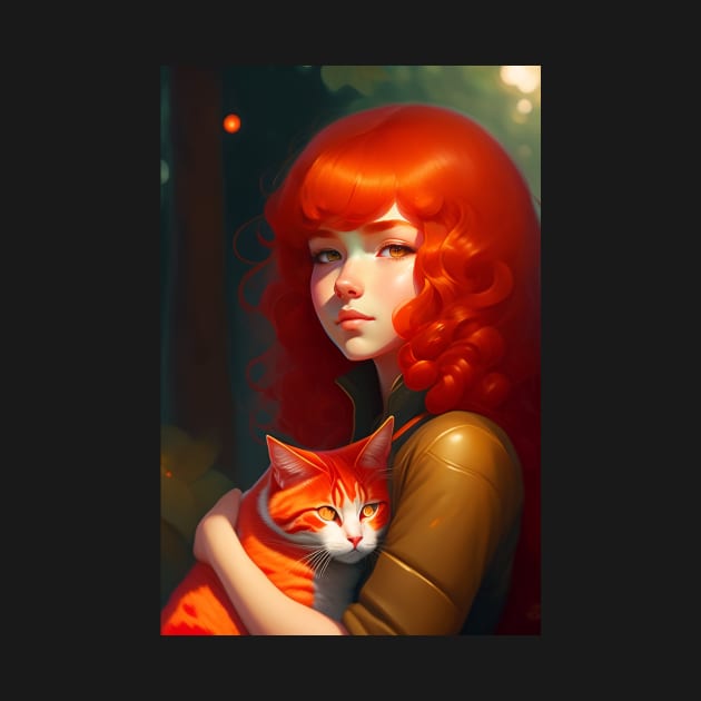 A red curly hair girl holds a red cat by Fun and Cool Tees