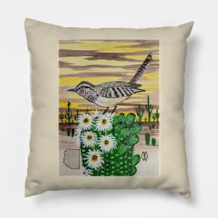 Arizona state bird and flower, the cactus wren and saguaro cactus flower Pillow