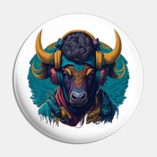 Digital AI Art Bison Animal Wearing Headphones Pin