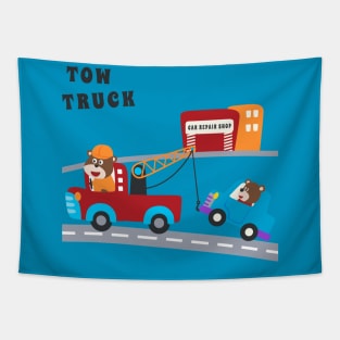 Vector illustration of tow truck cartoon with funny driver Tapestry