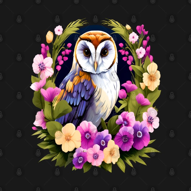 Cute European Barn Owl Surrounded by Bold Vibrant Spring Flowers by BirdsnStuff