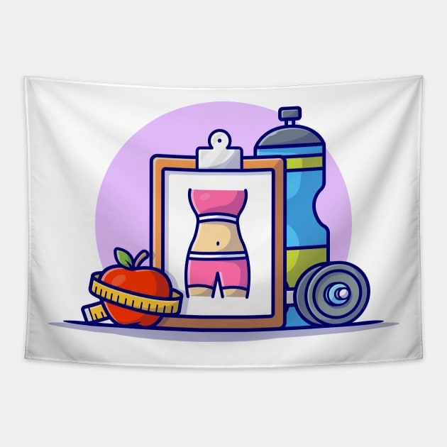 Dumbbell, Apple, And Bottle Cartoon Vector Icon Illustration Tapestry by Catalyst Labs