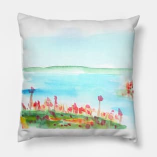 summer, landscape, river, nature, lake, flowers, plants, watercolor, design, art, painting, color Pillow