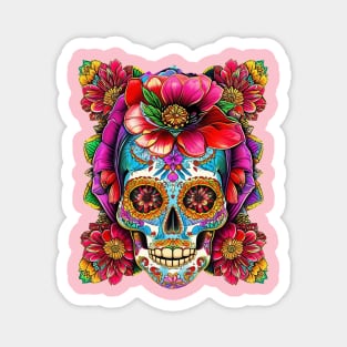 Color Skull With Tattoo Pink Flower Magnet