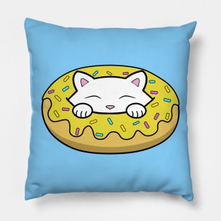 Cute white kitten eating a big yellow doughnut with sprinkles on top of it Pillow