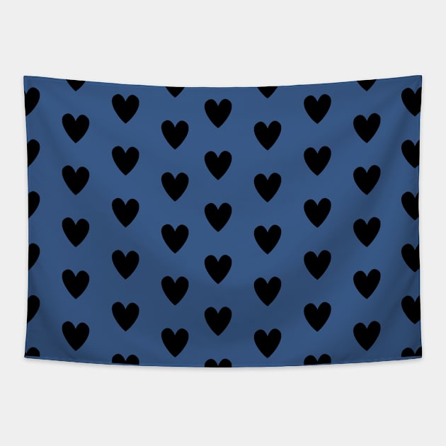 Black Hearts, Polka Dots, Pattern on Blue Tapestry by OneThreeSix