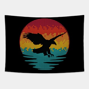 Eagle Flying Hunting Over Water Spread Wings Sunset Pixelated Tapestry