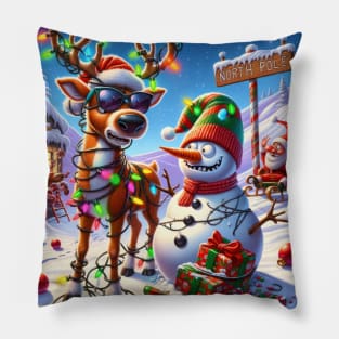 Santa, Rudolph and a Snowman at the North Pole Pillow