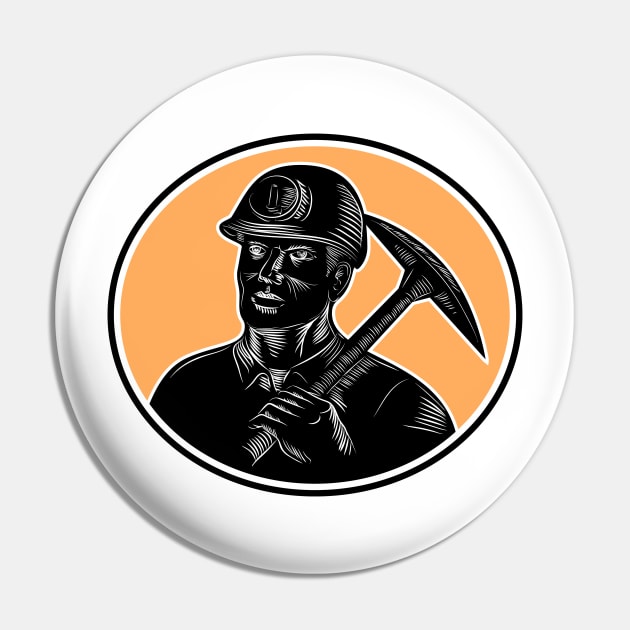 Coal Miner Carry Pick Axe Woodcut Pin by retrovectors