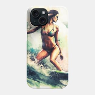 Woman surfing in a bikini Phone Case