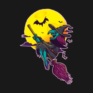 witches broom halloween witch hat creepy witch broom bat T-Shirt