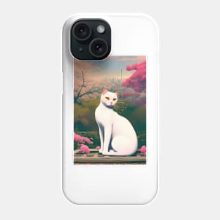 Anime White Cat Surrounded by Flowers. Tokyo Background. Phone Case