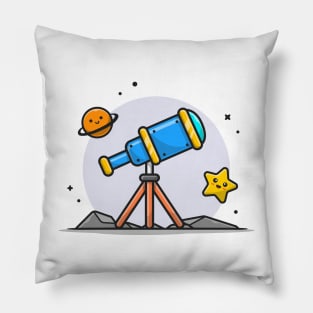 Telescope Astronomy Viewing Cute Planet and Cute Star Cartoon Vector Icon Illustration Pillow