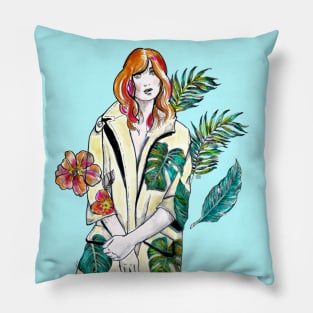 Woman with Red hair in a yellow floral coat - Fashion Illustration. Pillow
