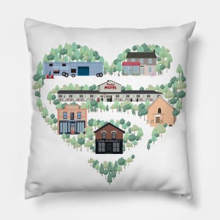 I Love the Town of Schitt's Creek, where everyone fits in. From the Rosebud Motel to Rose Apothecary, a drawing of the Schitt's Creek Buildings Pillow