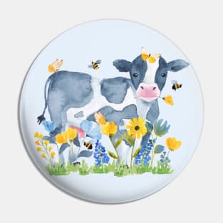 Watercolor Cow in Spring Flowers, Bees, & Beautiful Butterflies Pin