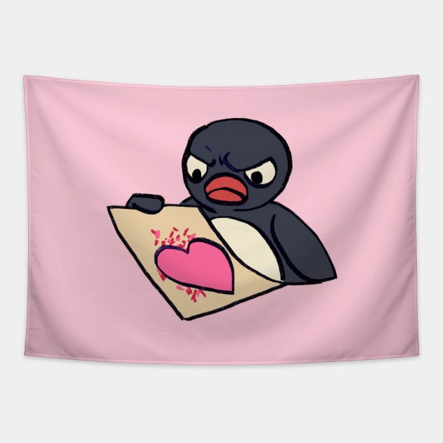 angry pingu penguin with messy heart craft meme Tapestry by mudwizard