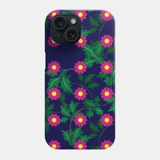 Cerise daisies with Yellow centres over layers of vine leaves on a Navy Blue background Phone Case