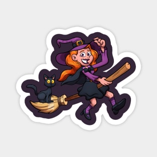 Cute Witch On Broom With Black Cat Magnet