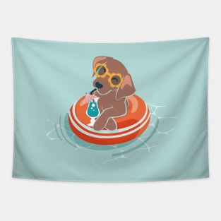 Summer pool pawty // aqua background brown Labrador retriever dog breed in vacation playing on swimming pool Tapestry