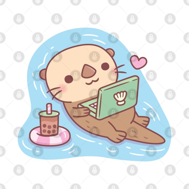 Cute Otter Chilling With Bubble Tea and Laptop Videos by rustydoodle