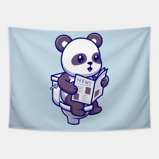 Cute Panda Reading Newspaper On Toilet Cartoon Tapestry