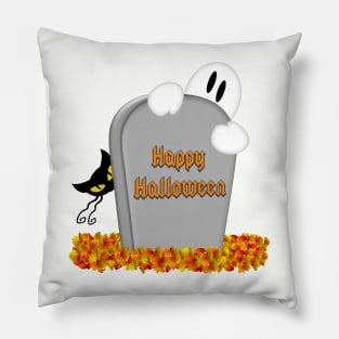 Halloween Cartoon Gravestone, Ghost, Cats & Fall Leaves Pillow