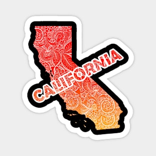 Colorful mandala art map of California with text in red and orange Magnet