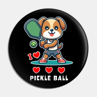 I Love Pickle Ball, Cute Dog playing Pickle Ball, funny graphic t-shirt for lovers of Pickle Ball and Dogs Pin