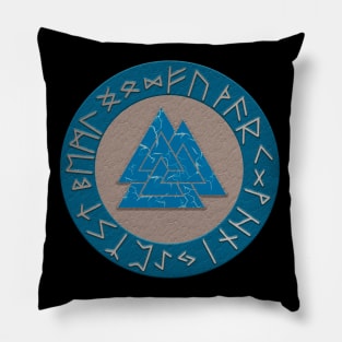 Vikings Distressed Valknut and Runes Blue and Silver Pillow