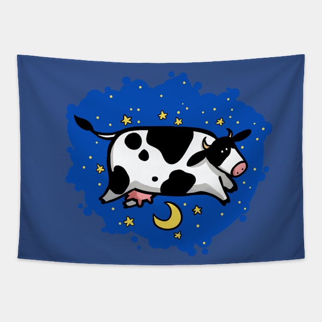 Cow flying over the moon Tapestry by StripedCactusArt