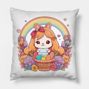 Easter Bunny Girl In Basket. Spring Flowers and Easter Eggs, Rainbow Pillow
