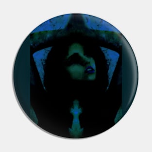 Portrait, digital collage, special processing. Beautiful but dark, like witch, woman. Tale. Blue, green and dim. Pin