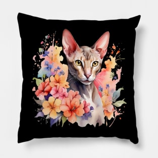 An oriental shorthair cat decorated with beautiful watercolor flowers Pillow