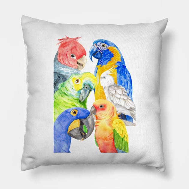 Several parrots in watercolor - rainbow - colored Pillow by Oranjade0122